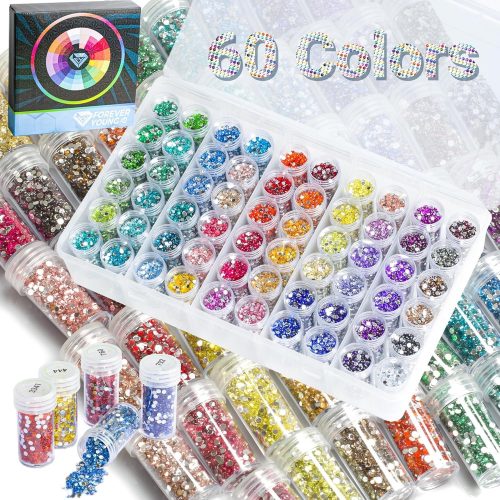 Forever Young 60 Colors Crystal Beads Diamond Painting Kits with Storage Containers, Accessories, 90000pcs Round Flatback Rhinestones Drills for Art Accessories and Tools