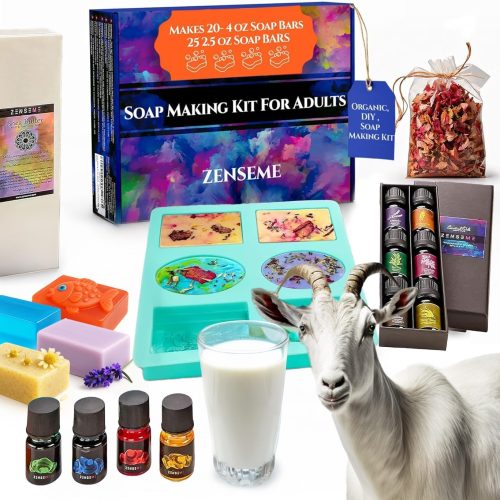 Soap Making Kit for Adults, Make Your Own Soap with Melt & Pour DIY Natural Soap Supplies; 6 Essential Oils, Silicone Soap Mold, Spoon, Dried Flowers, 1.5lbs. Goats Milk Soap Base, 4 Colors, 9 Labels