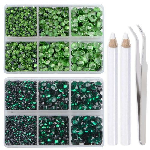 LPBeads 6400 Pieces Emerald and Peridot Hotfix Rhinestones Flat Back 5 Mixed Sizes Crystal Round Glass Gems with Tweezers and Picking Rhinestones Pen