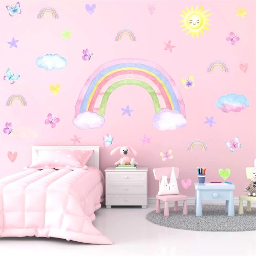 Colorful Rainbow Wall Decals Watercolor Rainbow Sun Cloud Wall Decals Star Heart Butterfly Wall Stickers Cute Rainbow Wall Stickers for Girls Room Bedroom Nursery Decor