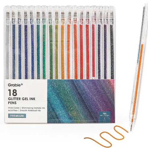 Grabie Capped Glitter Gel Pens 18 Colors, Metallic Vibrant Sparkle Gel Pens for Coloring, Color Pens for Adults,Colored Gel Pens for Adult Coloring Books and Drawing