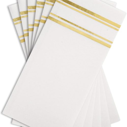 Shiny Gold on White Dinner Napkins, Feels Like Linen, Soft Fluff Pulp Paper (Disposable) - 50 Pack, 8.5" x 4" - Style Name: Parallel Shine