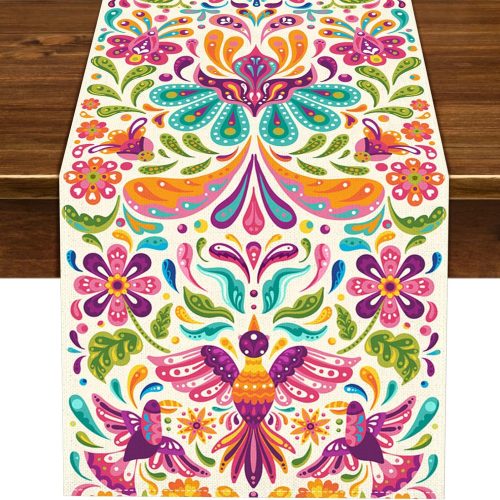 Nepnuser Mexican Otomi Table Runner Day of The Dead Fiesta Party Supply Dia De Los Muertos Decoration Home Kitchen Altar Ofrenda Decor (13" x 72")