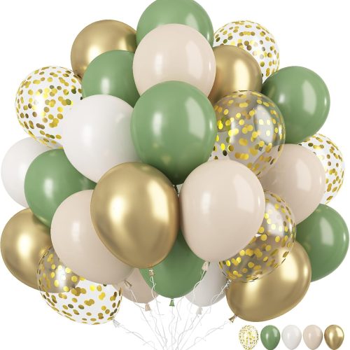 Sage Green Gold Balloons, 12 Inch Green White Metallic Gold Balloons, Olive Sand White Balloon Golded Confetti Latex Balloon for Birthday Wedding Baby Shower Party Decoration
