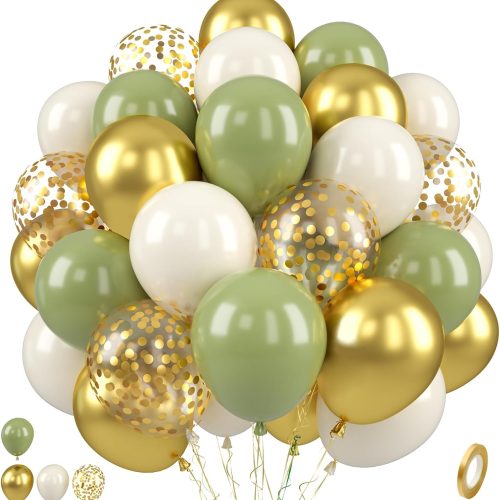 Sage Green and Gold Balloons, 50 PCS Sage Green Party Balloons, 12 Inch Metallic Gold Confetti Avocado Green Sand White Latex Balloons for Birthday Jungle Safari Wedding Baby Shower Party Decorations