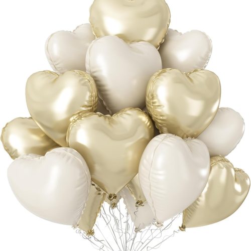 Champagne Gold Cream Heart Balloons,12Pcs 18 Inch Beige Foil Love Heart Shaped Balloons for Birthday Party Wedding Engagement Anniversary Graduation Baby Shower Valentines Day Decorations