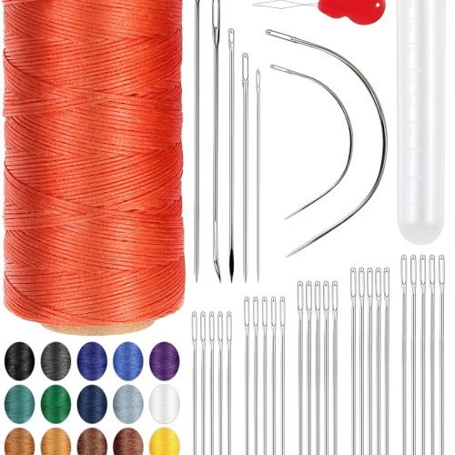 PLANTIONAL Leather Upholstery Sewing Waxed Thread: 218 Yards 210D Wax String Set with 30Large Eye Hand Sewing Needles,2 Curved Needle and 2 pcs Needle threaders