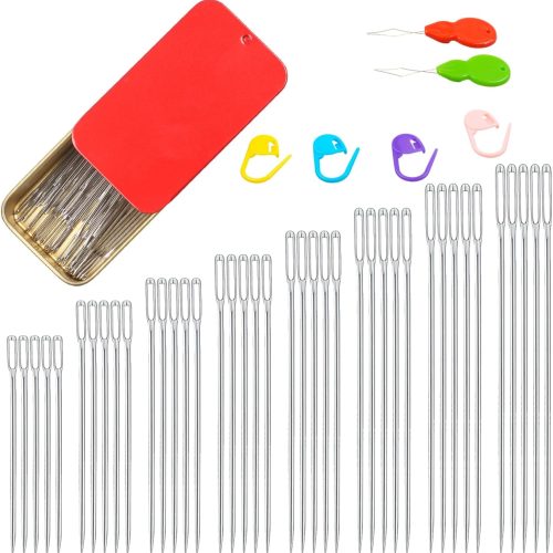 40PCS Large Eye Sewing Needles, 8 Sizes Hand Sewing Sharp Needles, Embroidery Needle, Leather Needle,Stainless Steel Yarn Needles with Threaders & Stitch Markers (Red)