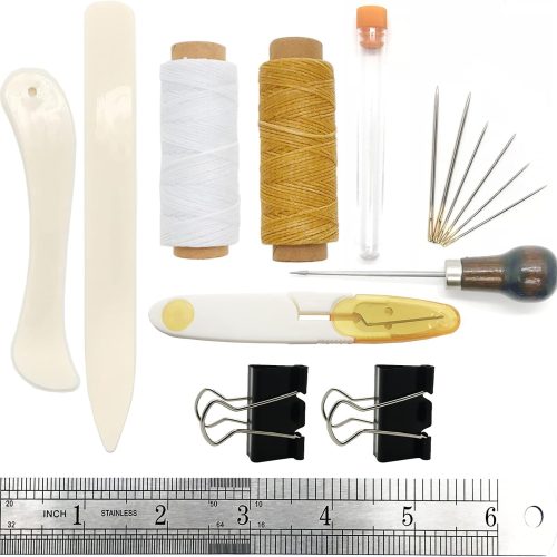 CT0409-ND-56GT_1 Bookbinding Tools, 16 Pieces Starter Tools Set Bone Folder Paper Creaser, Large-Eye Needles, Awl, Waxed Thread for DIY Bookbinding Crafts and Sewing Supplies