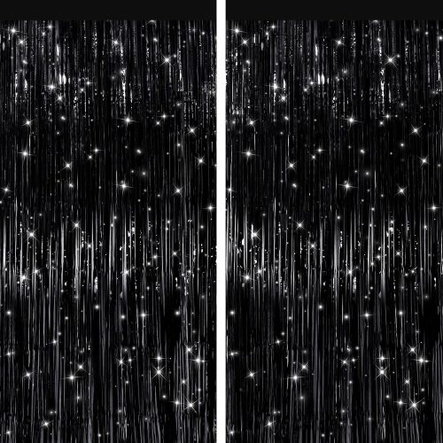 2 Pack Black Metallic Tinsel Foil Fringe Curtains, Door Streamers Photo Booth Backdrop for Birthday Party, Tinsel Curtain Backdrop for Baby Shower Bachelorette Christmas Party Decorations