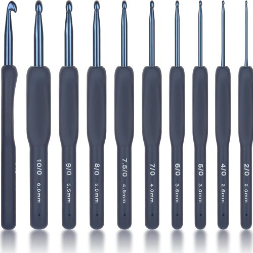 Coopay Dark Blue Crochet Hooks Ergonomic Soft Grips, 9PCS Crochet Set Aluminum Crochet Needle for Beginners/Professionals, Ergonomic Crochet Hook Set for Arthritic Hands, Ideal Crochet Accessories
