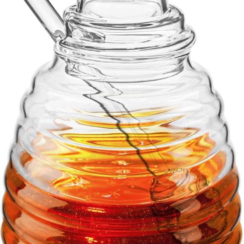 Hedume Honey Jar with Dipper and Lid, Honey Bee Pot, 17oz Glass Beehive Honey Pot for Home Kitchen