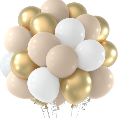 NEBURORA White Sand Gold Balloons Garland Arch Kit 60pcs 12inch Sand White and Metallic Gold Balloon Kit for Birthday Anniversary Celebrations and Boho Wedding Party