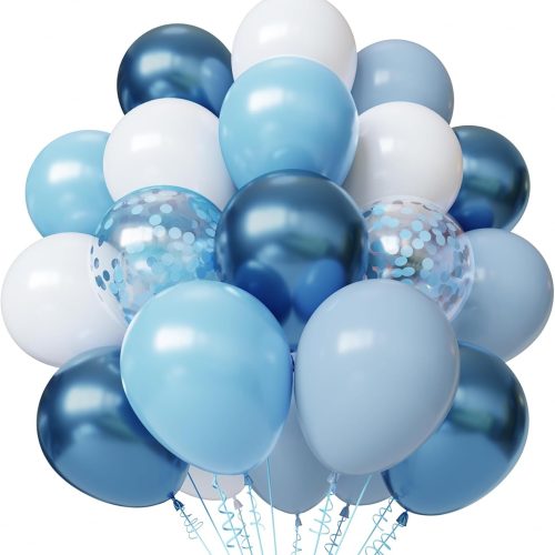 Blue and White Balloons, 50pcs 12 inch Blue White Confetti Balloons Kit, Metallic Chrome Blue Latex Balloons for Birthday, Baby Shower, Graduation Decorations
