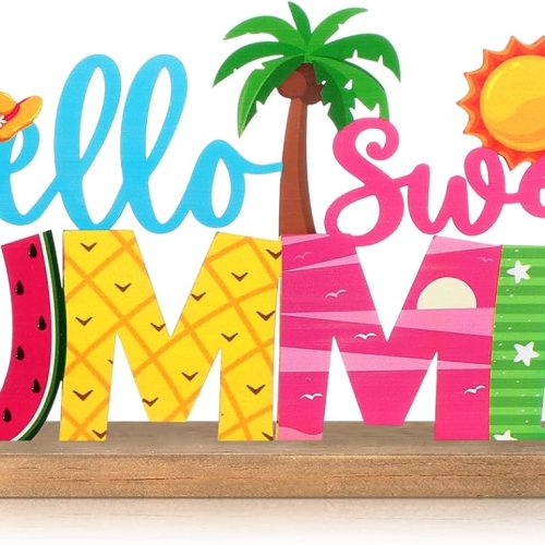 Hello Sweet Summer Metal Sign Rustic Table Decor Holiday Tiered Tray Decor with Wooden Base Freestanding Metal Word Sign for Home Tabletop Centerpiece Mantel Shelf Fireplace