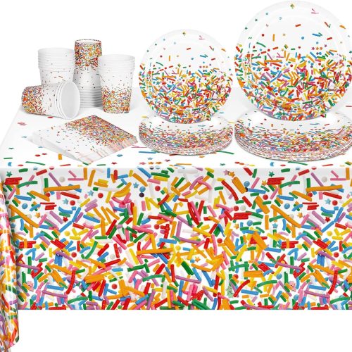 durony 97 Pieces Confetti Sprinkles Tableware Set Disposable Tablecloth Paper Cups Dessert Plates Beverage Napkins for Party Decorations Wedding Birthday Party Favors