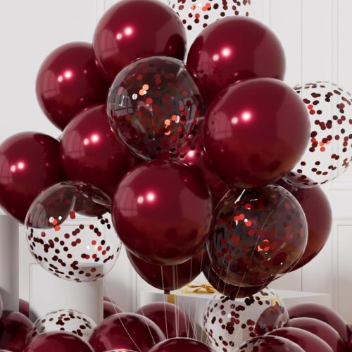 AULE Party Balloons Pack of 42 - Metallic Burgundy Balloons and Confetti Latex Helium Balloons With 64ft Ribbons - 12 Inch Mroon Chrome Balloon Decoration Set