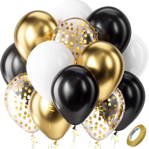 Bezente Black and Gold Confetti Balloons,60pcs 12 inch Black White and Gold Metallic Latex Party Balloons Set with Gold Ribbon for Birthday,Wedding,Baby Shower,Gold Theme Party Graduation Decorations
