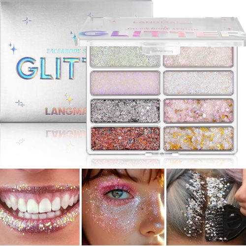 LANGMANNI 8 Colors Face & Body Glitter Palette - Holographic Changing Sparkling Mermaid Sequins for Women Girls Music Festival Party Rave Makeup(#A)