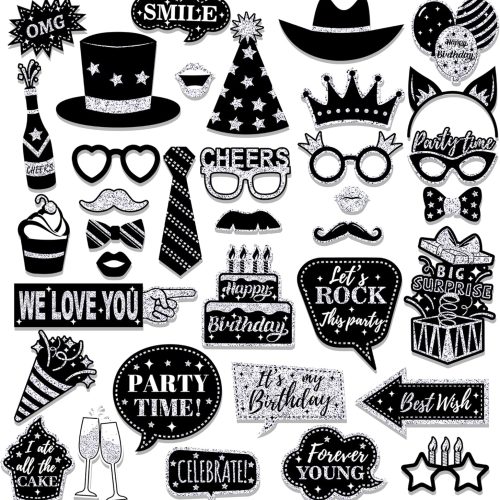 CC HOME 36Pcs Silver Birthday Photo Booth Props, Glitter Silver Party Decorations, Letter Print Card Material