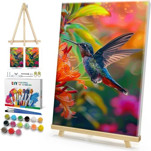 HeeBenor Framed Paint by Numbers Kit for Adults, Hummingbird Paint by Numbers Kit for Adults with Easel, DIY Flower Bird Paint by Number with Frame, Adult Paint by Number Kits Framed Canvas 8x12 Inch
