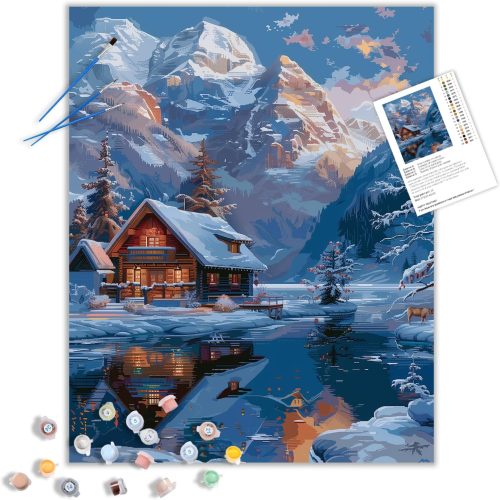 CT0425-PBN-195GT_1 ARNLRDYA Cabin Paint by Number for Adults Beginner, Snow Mountain Paint by Numbers Kit, Lake Acrylic Painting On Canvas for Gift Home Wall Decor(16×20inch Unframe)