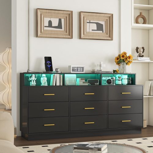 Black 9 Drawer Dressers for Bedroom, Modern Large Dresser with LED Light and Power Outlet, Wooden Long Dresser, Triple Dresser for Bedroom, Living Room, Entryway, Hallway