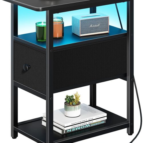 Yoobure End Table with Charging Station, Narrow Side Table with Adjustable Fabric Drawer, 3-Tier End Tables Living Room, Small Nightstand with Outlets, LED Skinny Night Stand for Bedroom Small Spaces