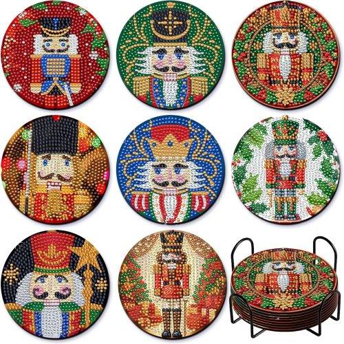 8 Pcs DIY Diamond Art Painting Christmas Soldier Coasters with Holder, Diamond Craft Supplies Coasters for Drinks.NU12