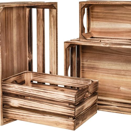 Set of 4 Large Torched Wood Decorative Storage Crates, Nesting Wooden Crates for Display Rustic, Farmhouse Wooden Storage Container Boxes Made from 100% Wood