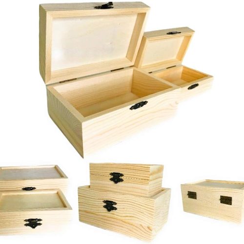 12 Pc Rectangle Unfinished Wood Box Natural DIY Craft Stash Boxes with Hinged Lid and Front Clasp for Arts Hobbies Comes in 2 Different Sizes