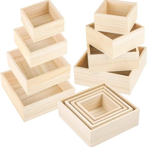 Aodaer 8 Pieces Unfinished Wooden Box in 4 Sizes Rustic Square Storage Organizer Container Craft Box Paulownia Treasure Boxes for Crafts Home Table Decoration