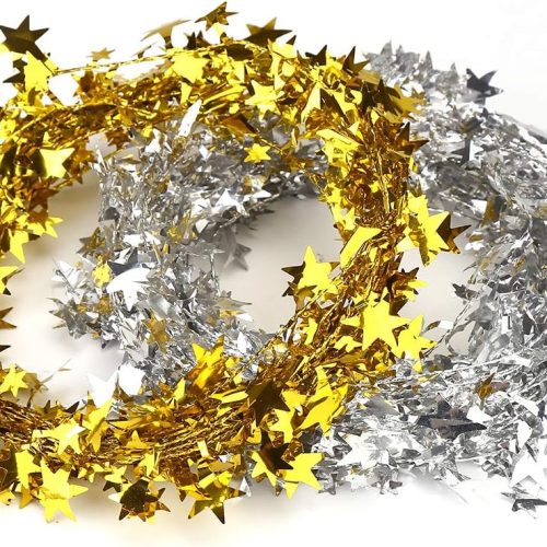 50FT Star Tinsel Garlands with Wire, Christmas Star Wire Garland Decorations for Xmas Tree Home Wedding Birtahday Party Festive Ornament, Golden and Silver, 2 Pack