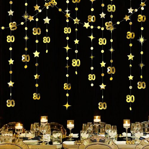 Gold 80th Birthday Decorations Number 80 Circle Dot Twinkle Star Garland Metallic Hanging Streamer Bunting Banner Backdrop for Women Mens Cheers to 80 Years Old Birthday Anniversary Party Supplies