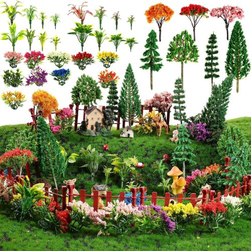 Yilloog 55 Pcs Miniature Colorful Flower Cluster Mini Model Trees Artificial Grass Mat Squares Set 20 Mini Grass 16 Flower Tufts 15 Mixed Trees 4 Garden Craft Grass for Landscape Scenery Sand Table