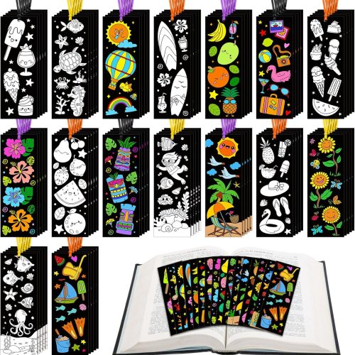 Frienda 80 Pcs Summer Color Your Own Bookmarks with Ribbon Bulk DIY Coloring Crafts Beach Ice Cream Ocean Fruit Sun Bookmark Blank Paint Classroom Decorate for Teacher Student Summer Party Gift Tags