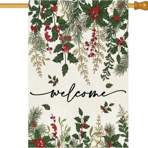 Baccessor Holly Red Berries Christmas House Flag 28x40 Inch Double Sided Poinsettia Floral Welcome Winter Lage Garden Flag Farmhouse Vintage Outside Outdoor Yard Holiday Decoration