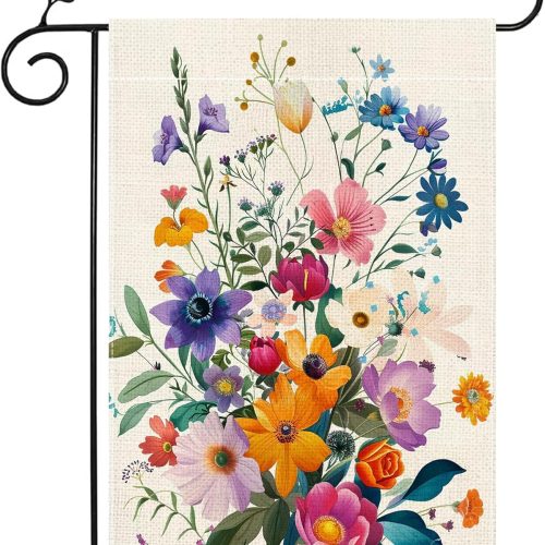 Spring Summer Colorful Floral Garden Flag for Outside 12x18 Inch Double Sided Burlap Outdoor Yard Flag Decorations for Home