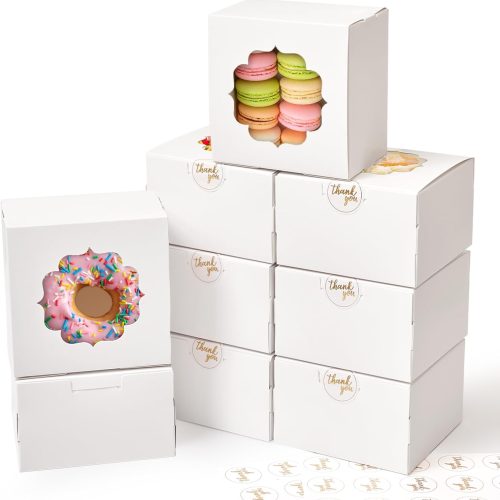 4-Inch Small Cookie Boxes 25 Pcs White - Bakery Treat Boxes with Window for Gifting, To-go Containers for Cake Slice, Macarons, Donuts 4x4x2.5