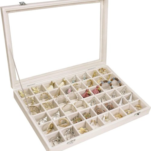 Velvet Jewelry Tray 48 Grid Jewelry Display Tray Organizer Box with Transparent Lid Rings Earrings Necklaces Pendants Display Box Suitable for Women and Girls (Beige)