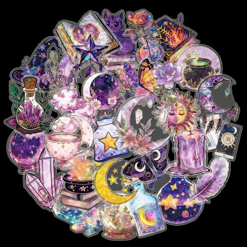 Holographic Gold Foil Magic Witch Astrology Stickers - 30Pcs Transparent Mysterious Witchy Stuff Stickers for Scrapbook, Journals, Stationery, Notebook