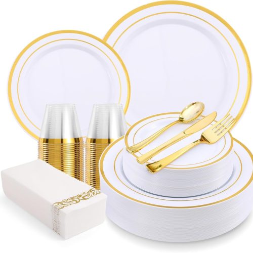 350-Piece Gold Rim Plastic Dinnerware Set for 50 Guests, Elegant Disposable Dinnerware for Party, Wedding. Includes Dinner Plates, Dessert Plates, Gold Silverware, Napkins, Cups