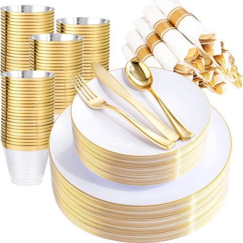 Rubtlamp 140Pcs Gold Plastic Plates, White Plates with Gold Rim, Disposable Dinnerware Include 20Dinner Platos, 20 Dessert Platos, 20Pre Rolled Napkins with Cutlery and 20 Cups for Party