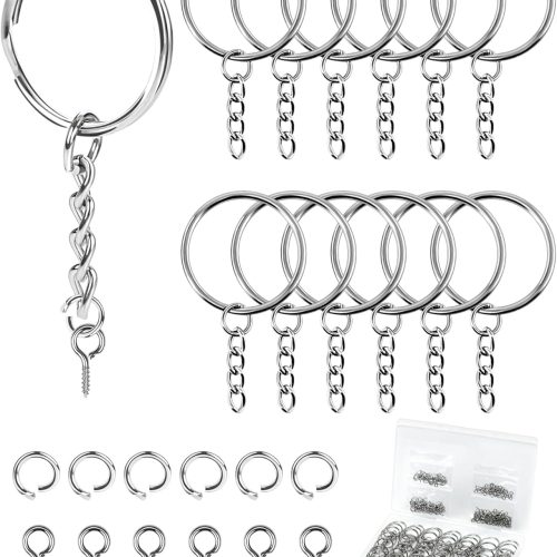 FIVEIZERO 300Pcs Key Rings Kit, 100Pcs Key Ring with Chain, Keyrings Kit,100Pcs Small Screw Eye Pins, 100Pcs Open Jump Rings for Keychain Making Supplies, Crafts, and DIY Projects