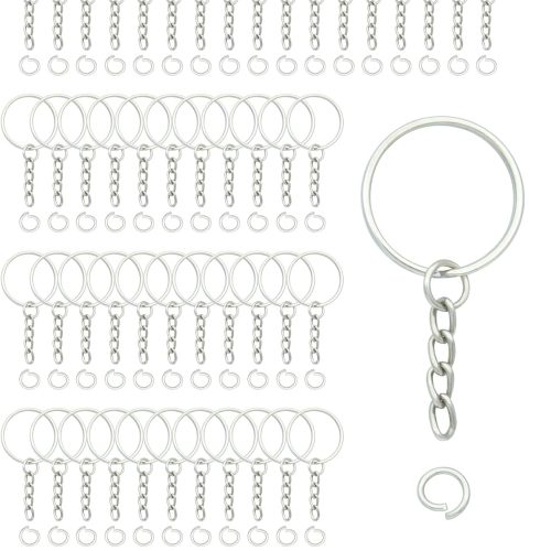 50Sets 1 inch Keychain Rings Silver Split Round Key Ring with Chain and Open Jump Rings for DIY Keychain Making Crafts