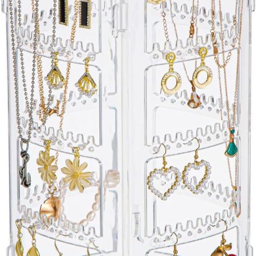 360° Rotating Jewellery Stand Organiser, Clear Display Earring Holder, 4 Tiers Jewellery Stand Necklace Stand Jewelry Dangle Earring Necklace Bracelet Display Rack Stand for Storage