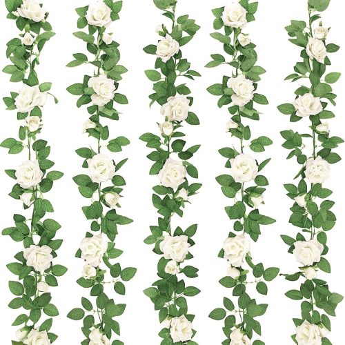 ZIFTY 5Pcs 32.5FT White Flower Garland Fake Vines Faux Artificial Floral Garland for Wedding Decortions Hanging Rose Ivy for Arch Garden Ceremony Background Outdoor Wall Decor