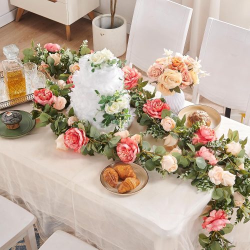 Flower Garland Artificial Rose Vine Flowers Hanging Fake Roses Vines for Wedding Birthday Party Valentines Christmas Room Wall Arch Decor, 2 Off White & 1 Dark Pink Floral Garland Decorations