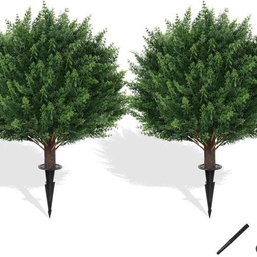 Artificial Cypress Topiary Tree with Ground Spike, Set of 2 Artificial Shrub Bushes, Fake Evergreen Tree for Porch, Artificial Plants for Outdoor Planters Indoor UV Resistant