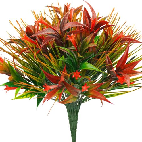 Uieke 6Pcs Outdoor Artificial Plants UV Resistant, Fake Morning Glory Flowers with Orange Grass, Tropical Flowers Fall Leaves Foliage for Garden Patio Sidewalk Décor Red